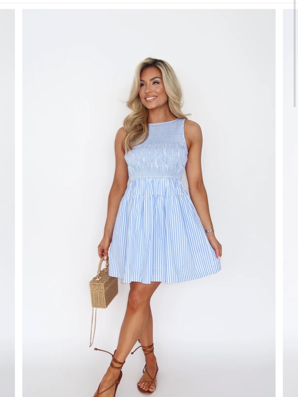 Light Blue Striped Smocked Mini Dress NWT